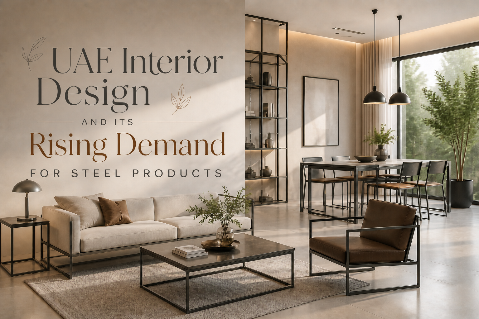 Steel products for a modern interior fit-out in the UAE, including metal furniture frames, shelving and lighting