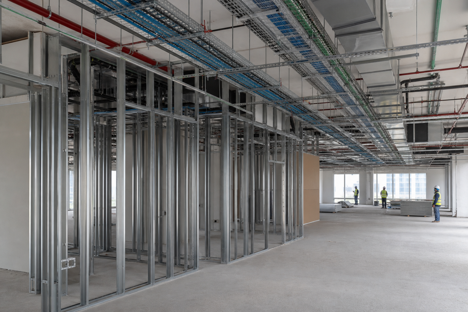 Commercial office fit-out in progress with light-gauge steel framing and organised overhead cable management