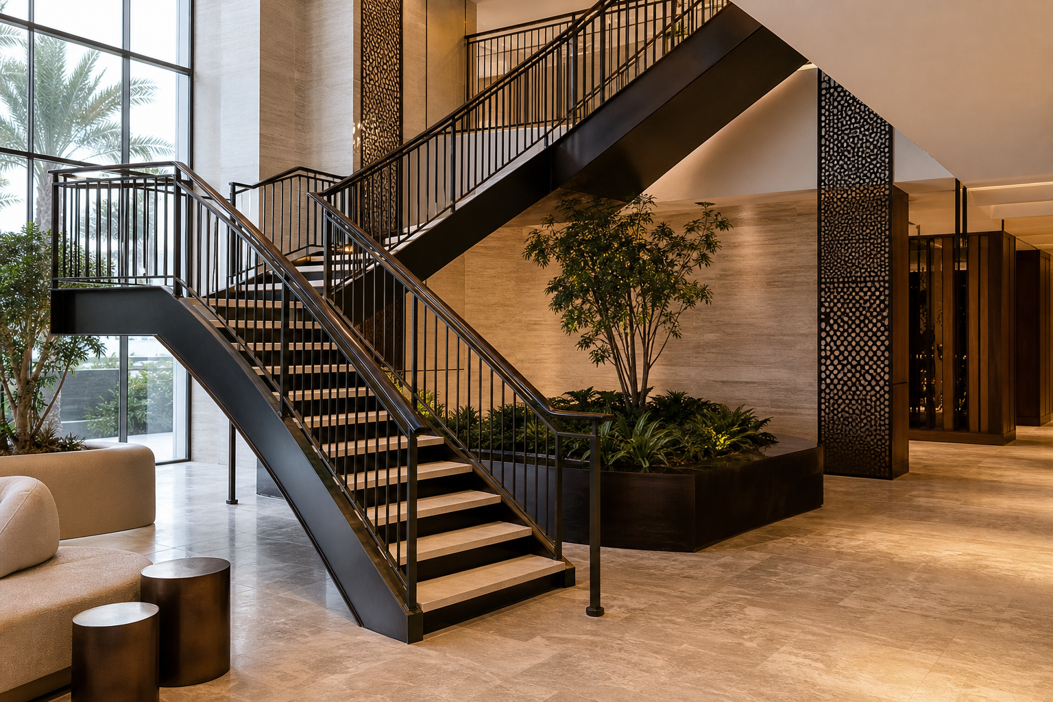 Contemporary commercial interior with a fabricated steel staircase, handrails and decorative metal screens