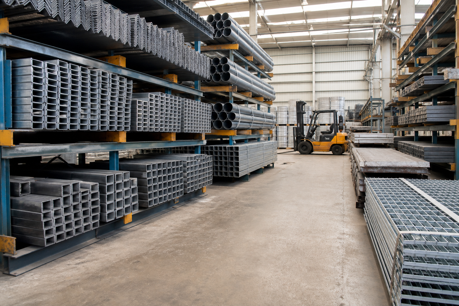 Organised steel warehouse with channels, angles, tubes, sheets and gratings stored for dispatch