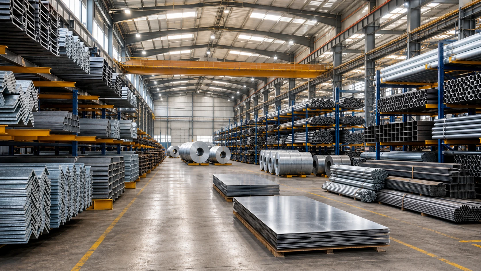 Premium steel warehouse with GI and MS angles, channels, sheets, coils, tubes, pipes, flat bars and round bars